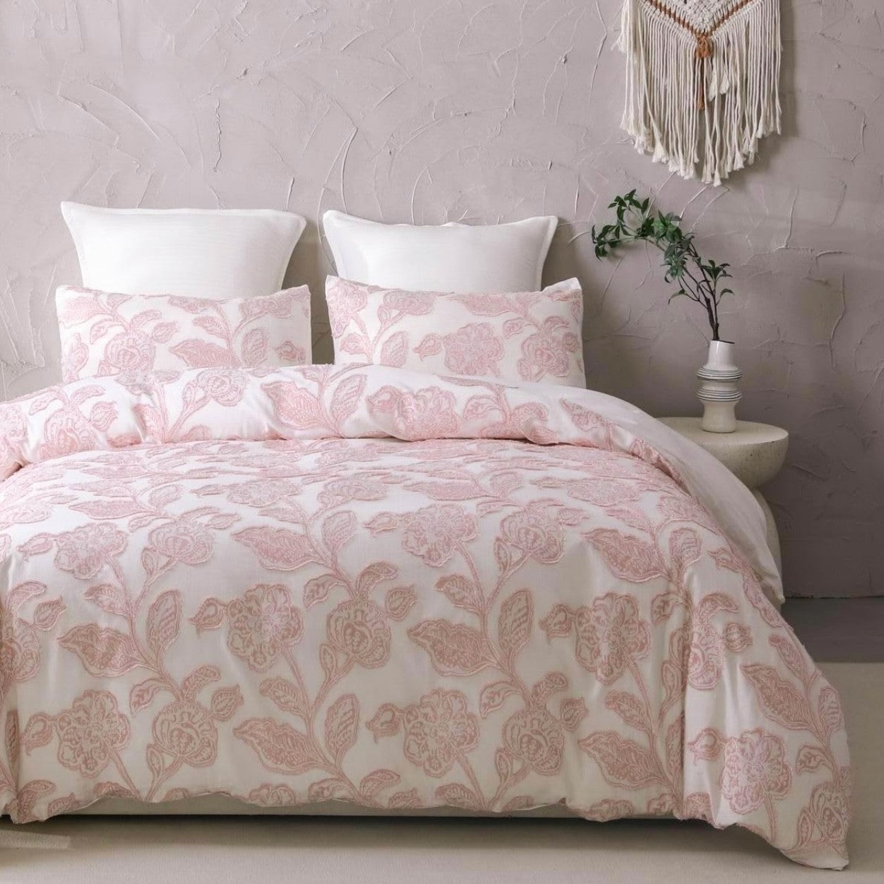 NEW Anthropologie Pink Embroidered Floral Jacquard Cotton Bedding Duvet Sham Set