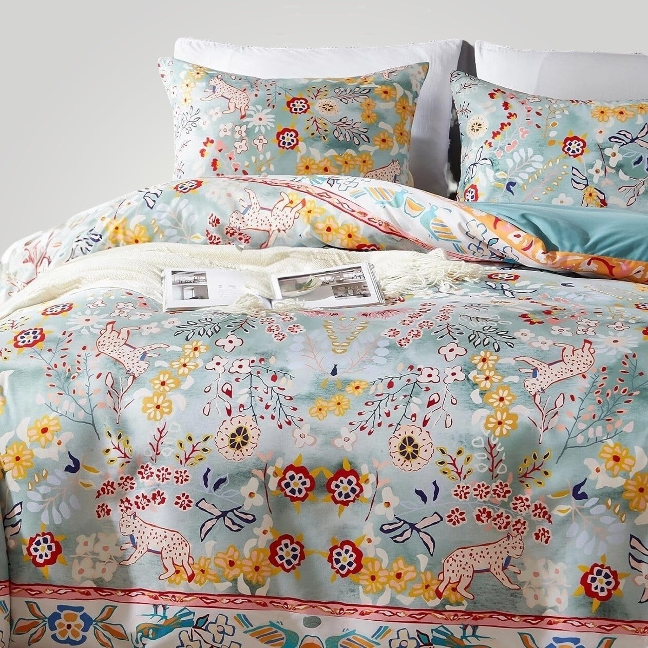 NEW Anthro Blue Jungle Multicolor Boho Queen / King Bedding Duvet & Sham Case