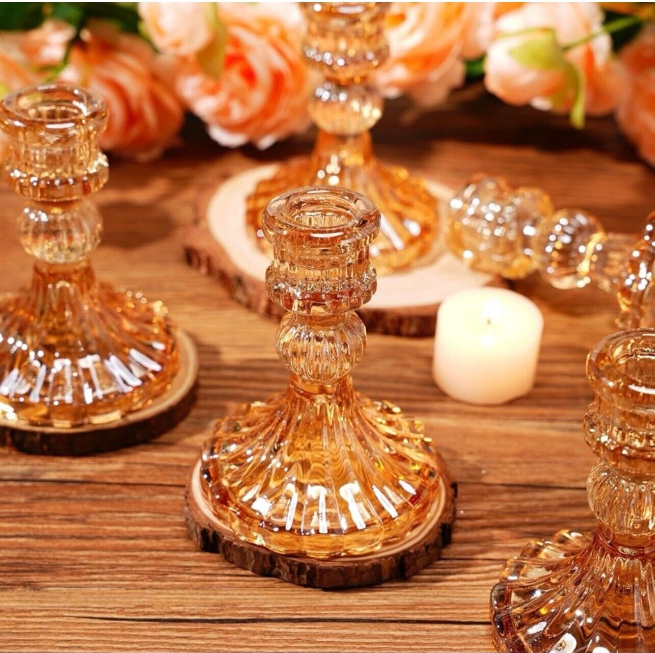 New Anthropologie Set of 6 Pink Boho Cut Glass Retro Candlestick Candle Holders