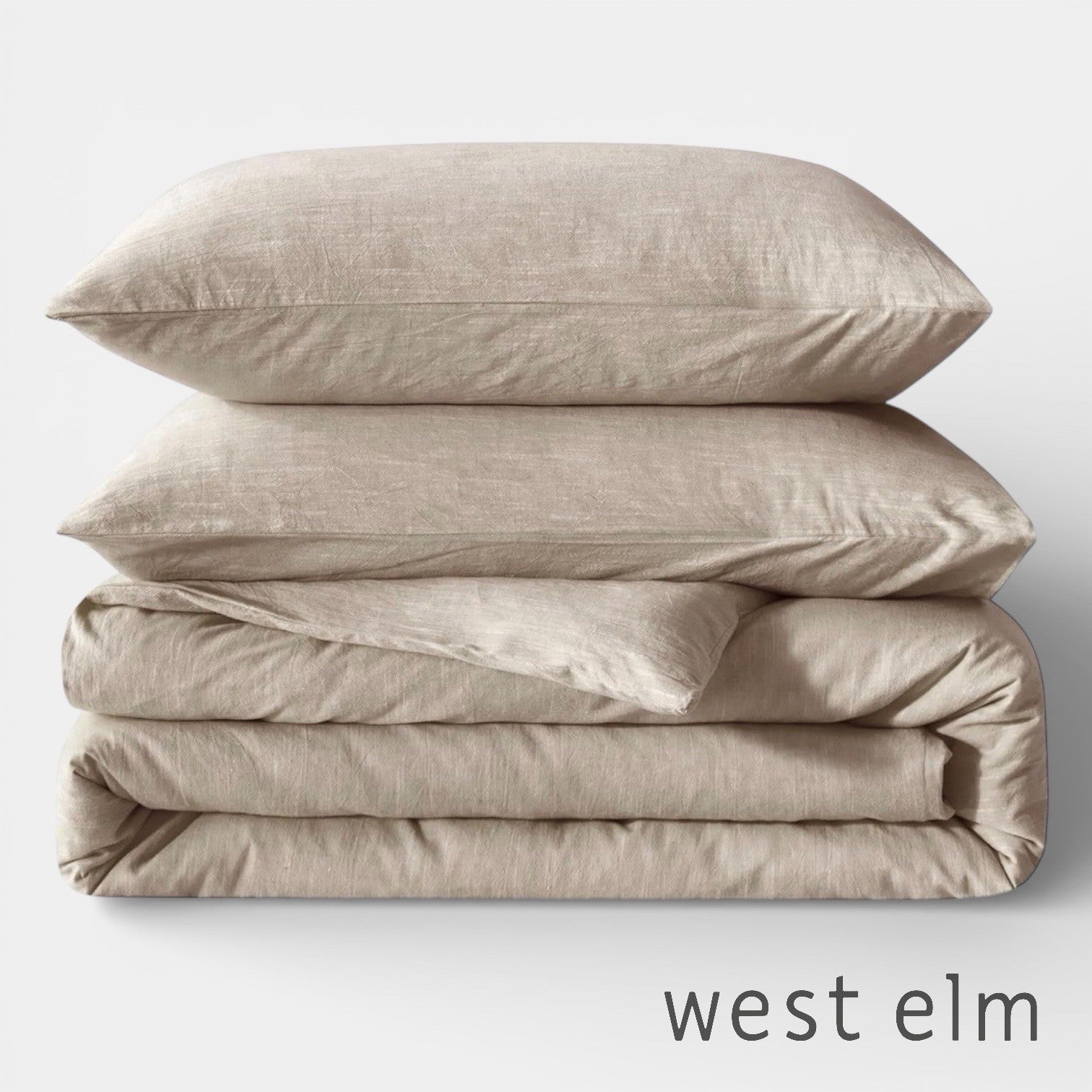 NEW West Elm Beige Linen Cotton Luxury Queen / King Bedding Duvet & Sham Set