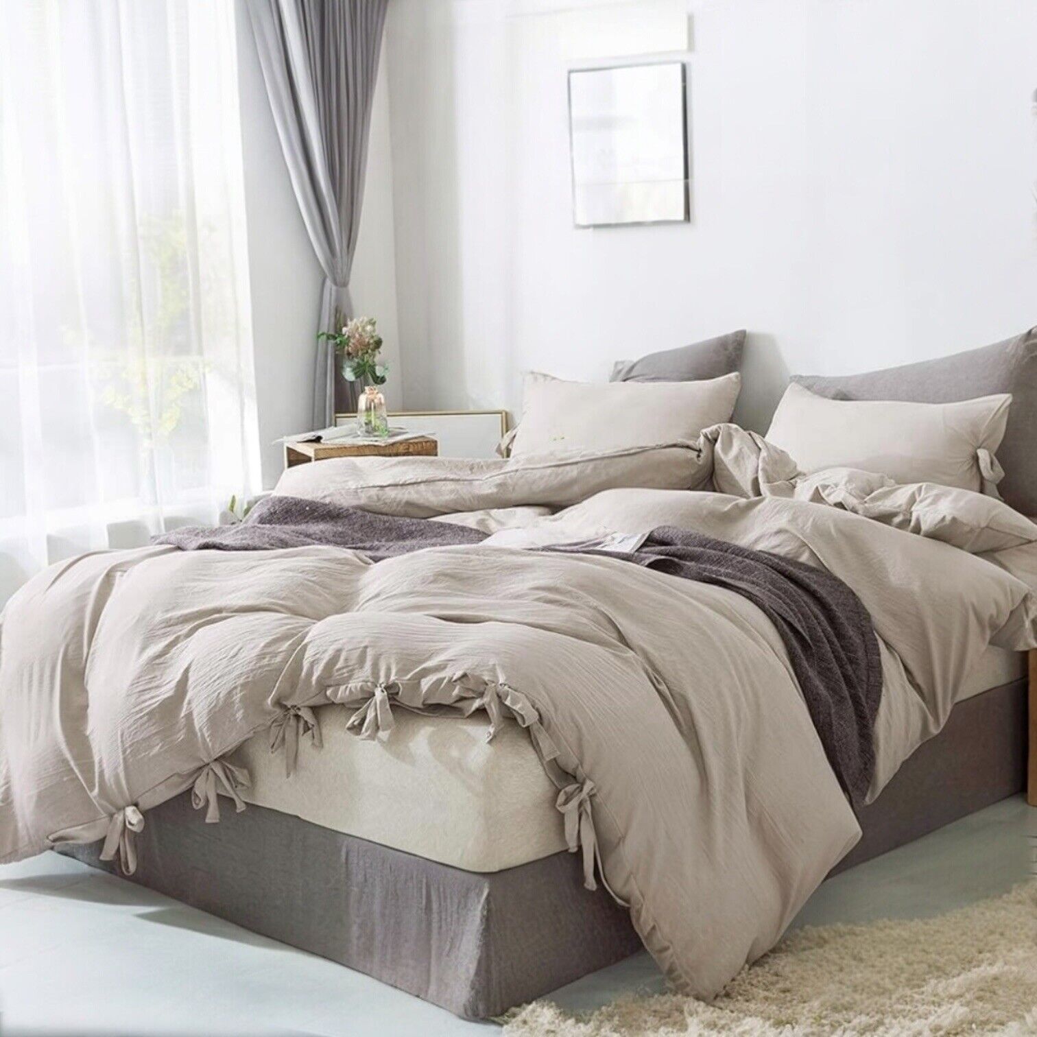 NEW West Elm Boho Beige Khaki Bow King Size Microfiber Bedding Duvet Sham Set