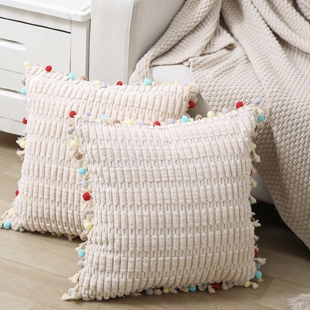 NEW Anthropologie (Set 2) Boho Tassel Pom Pom Throw Pillow Case Sham 24" x 24"