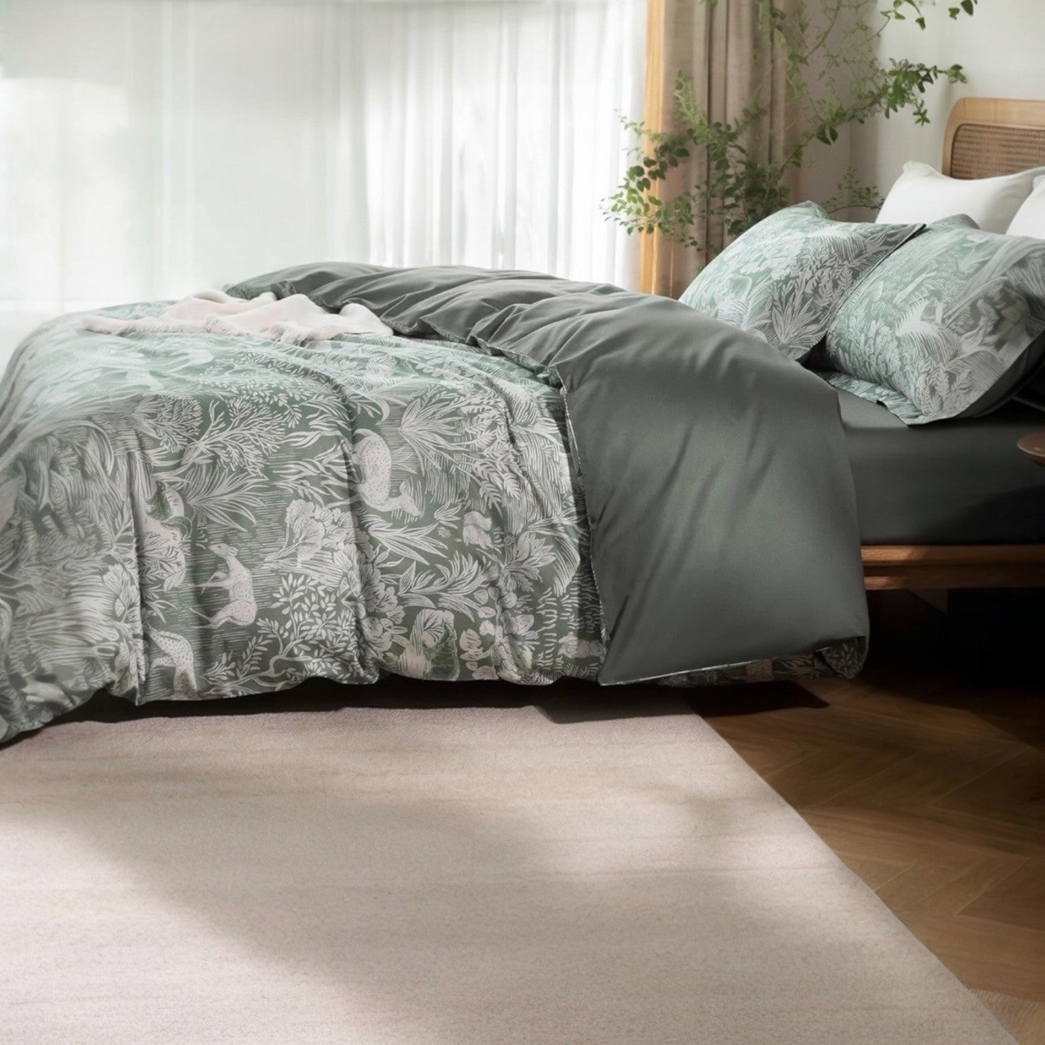 NEW Anthro Green Floral Botanical Full Queen King Cotton Bedding Duvet Sham Set