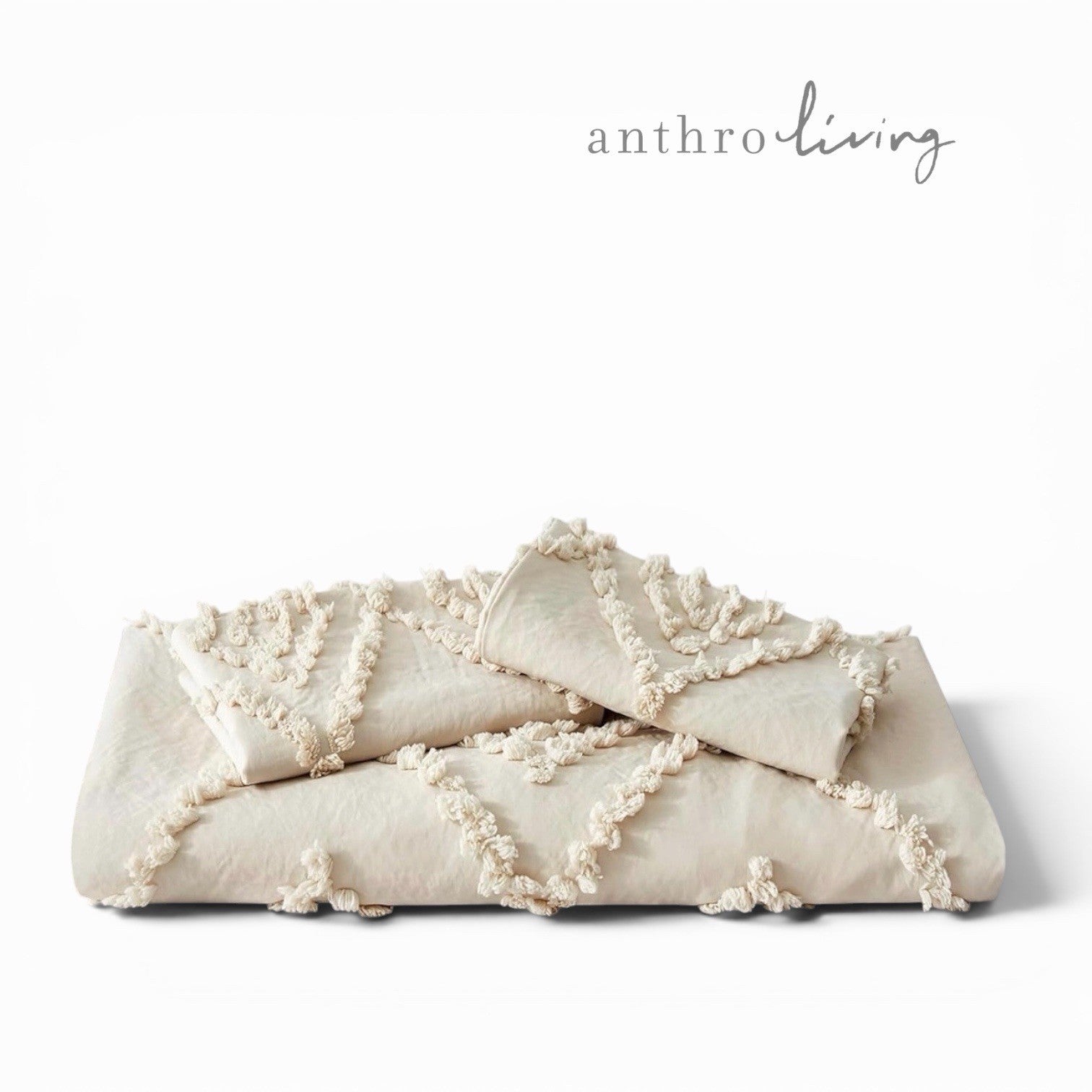 NEW Anthro Beige Cream Boho Queen / King Size Tufted Fringe Bedding Duvet & Sham