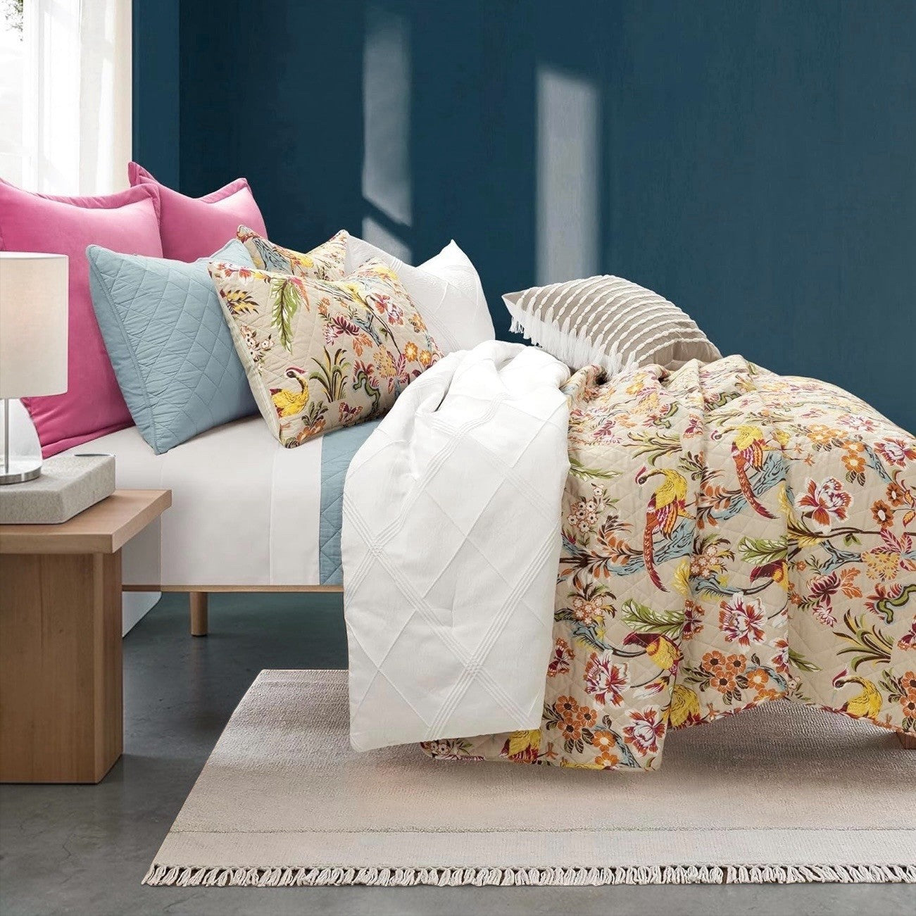 NEW Anthropologie Queen / King Cotton Boho Bird Quilt Bedspread Bedding Sham Set