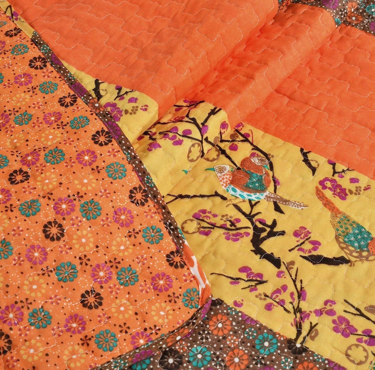 NEW Boho Orange Retro Bird Floral Throw Blanket Bedspread Bedding Quilt 50 x 60