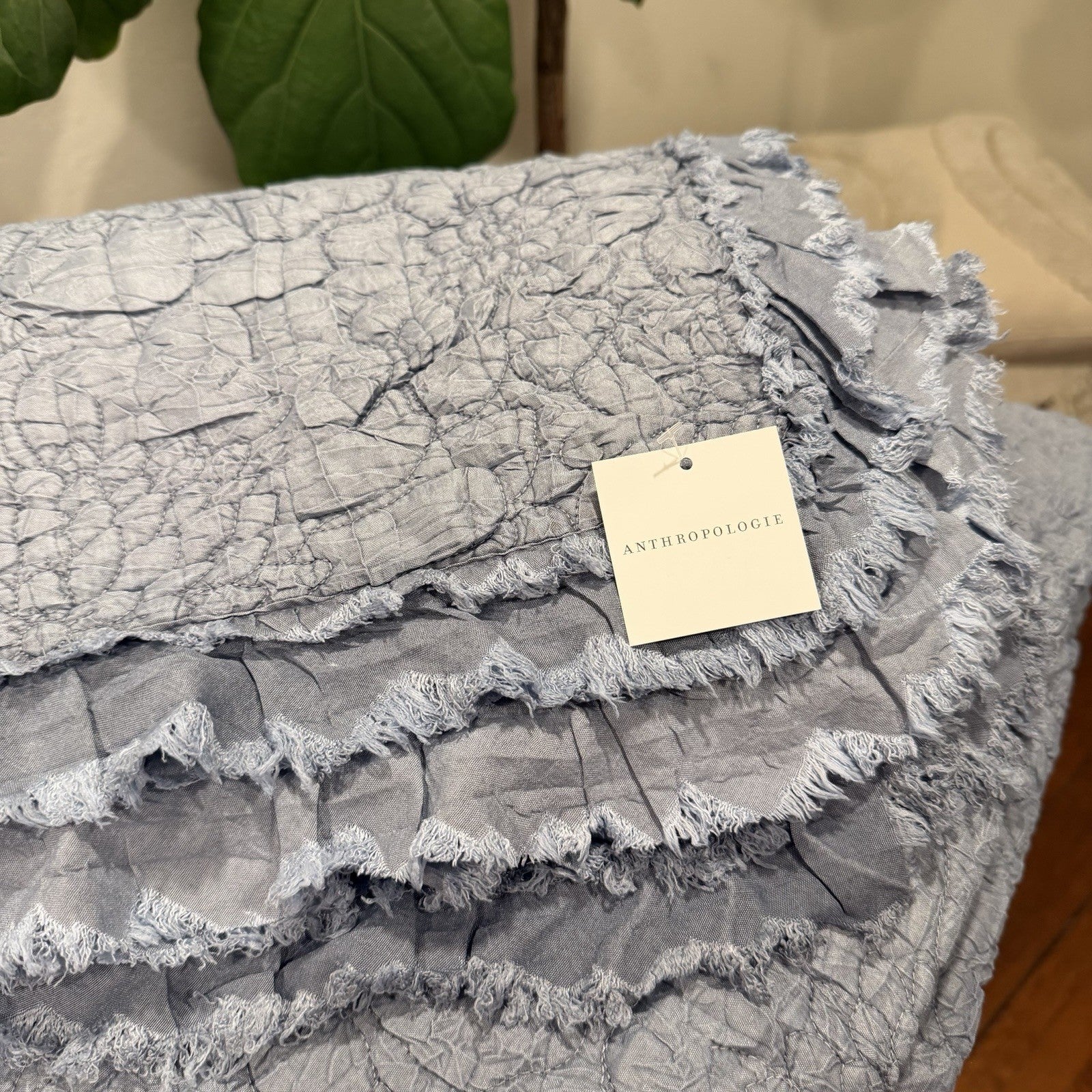 NEW Anthro Dusty Blue Boho Ruffle Crinkle Queen / King Bedding Quilt & Sham Set