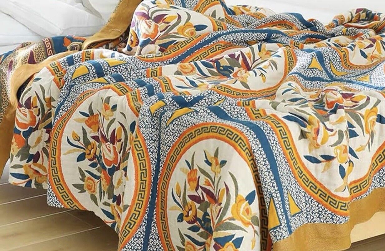 NEW XL Anthropologie Boho Queen Floral Throw Blanket Bedspread Quilt - 80" x 90"