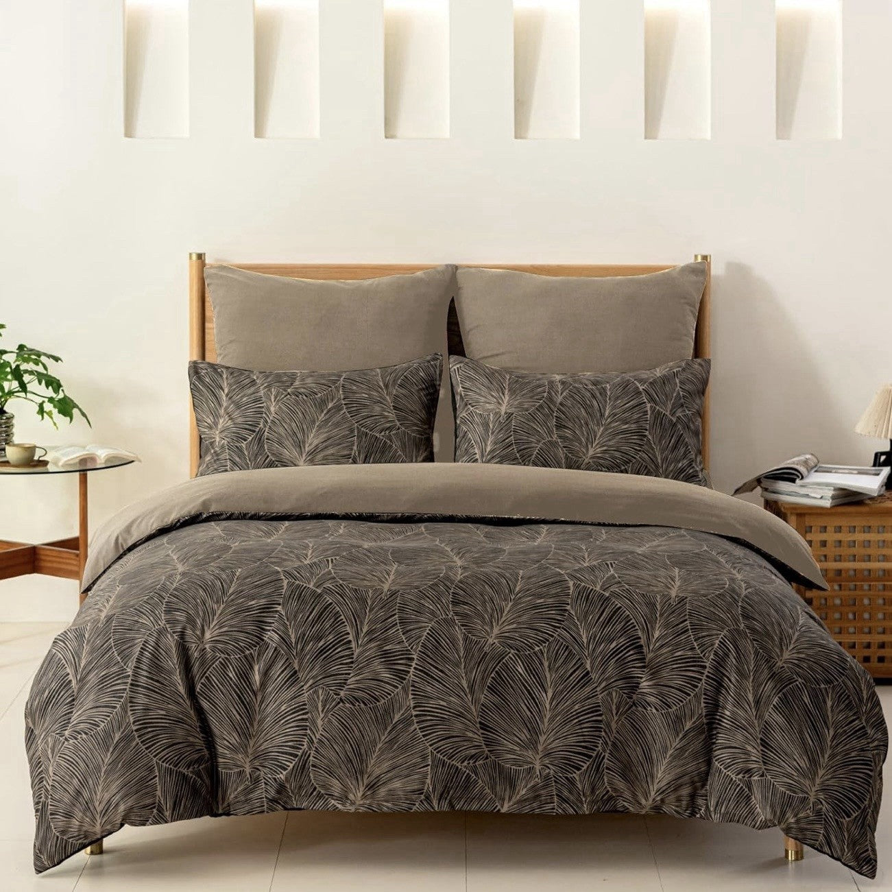 NEW Anthropologie Khaki Botanical Print Boho Queen King Bedding Duvet & Sham Set