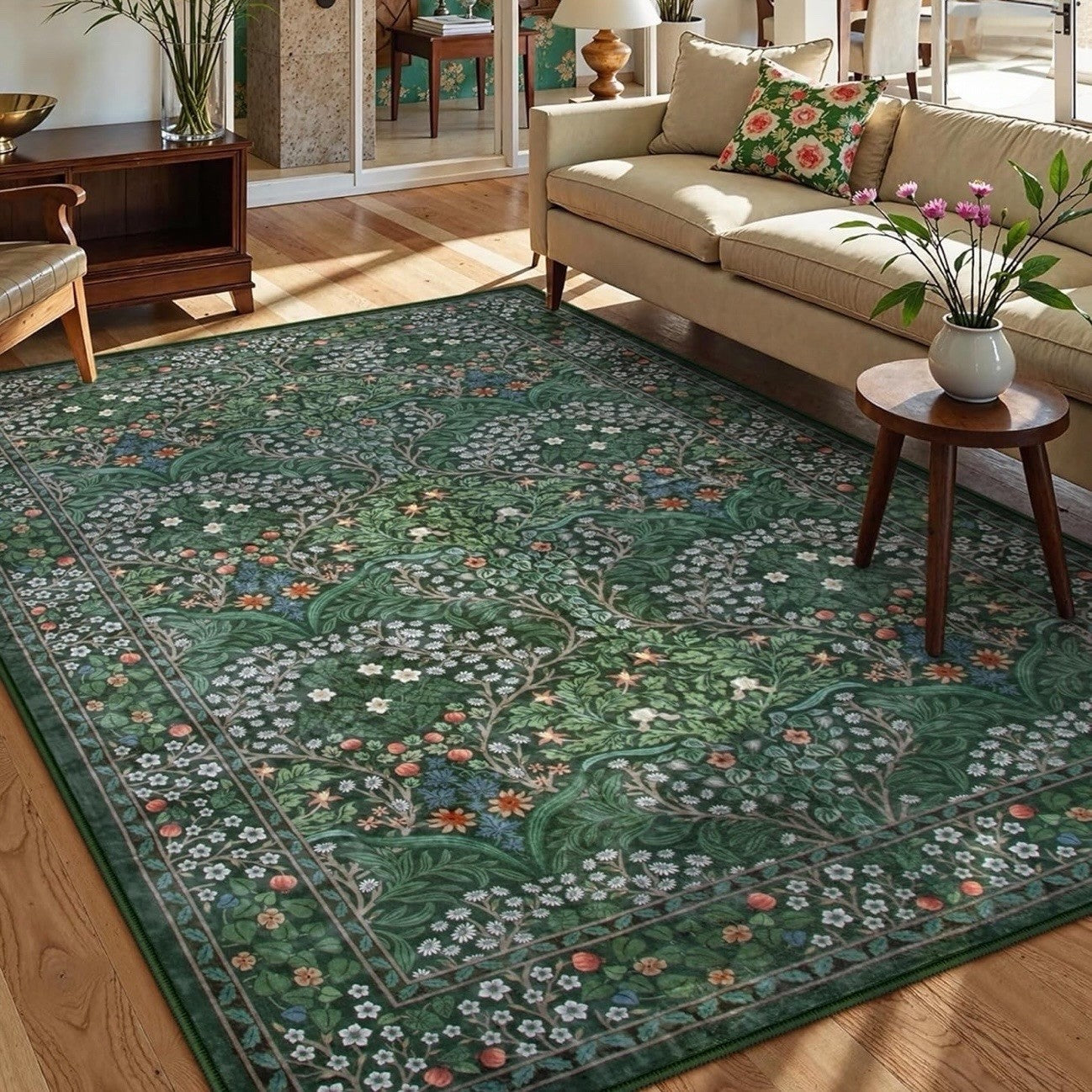 NEW Anthro Green Retro Floral Boho Washable Multicolor Area Rug Carpet - 5' x 7'