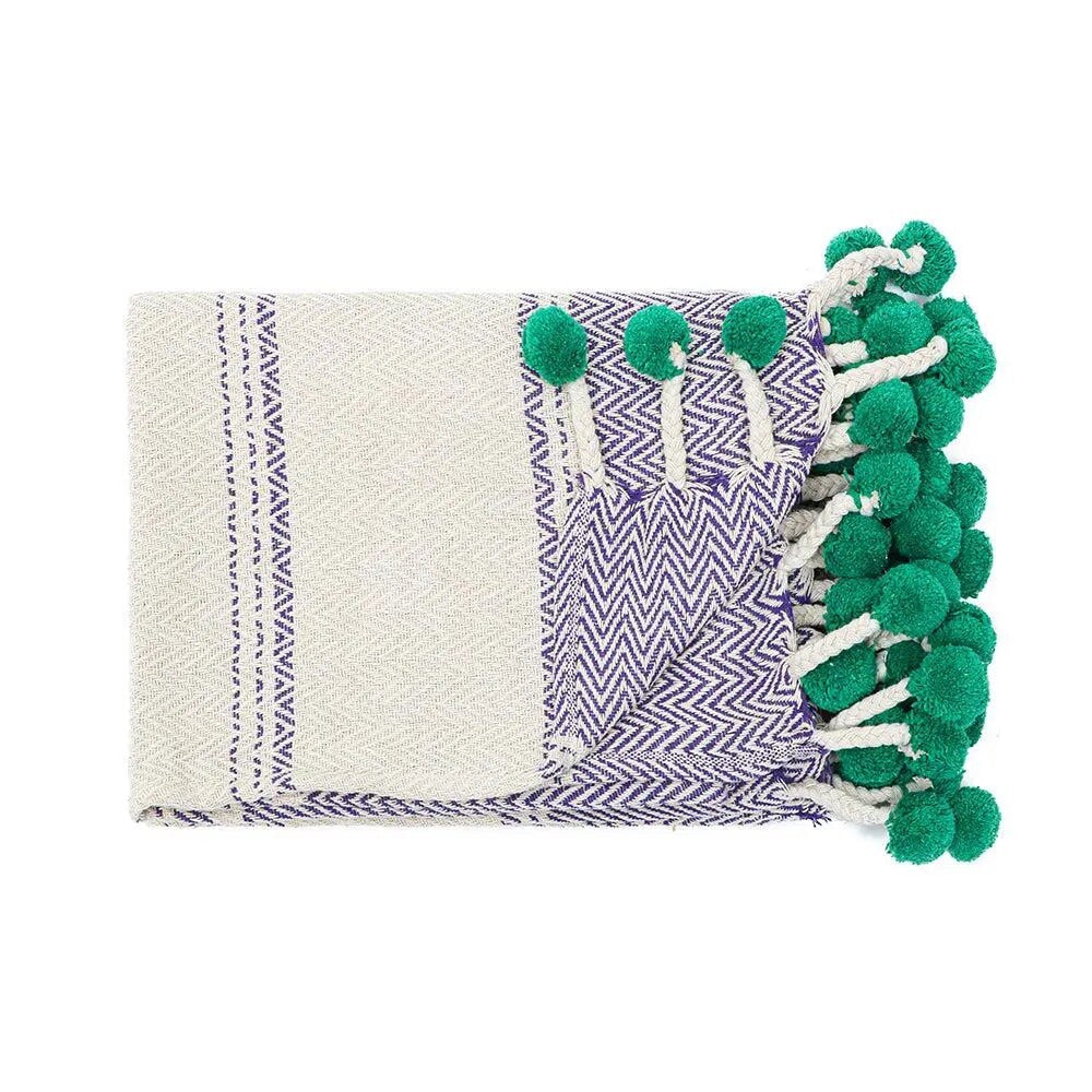 NEW Anthropologie Blue Green Pom Pom Boho Tassel Knit Throw Blanket - 50" x 60"