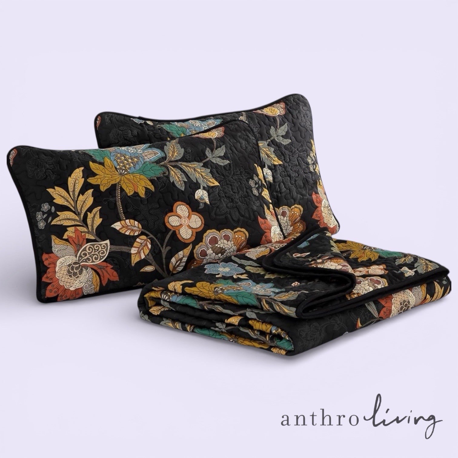 NEW Anthro Black Floral Print Multicolor Boho Queen King Bedding Quilt Sham Set