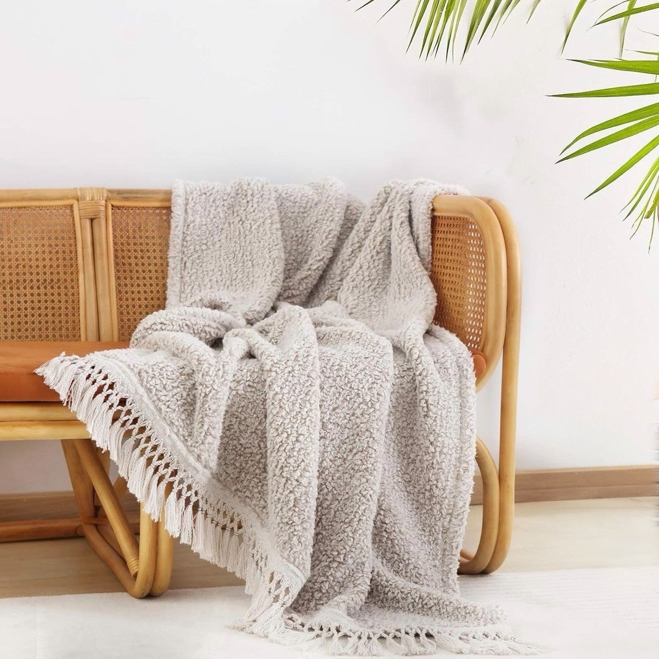 NEW West Elm Beige Sherpa Tassel Fringe Boho Cozy Knit Throw Blanket - 50" x 60"