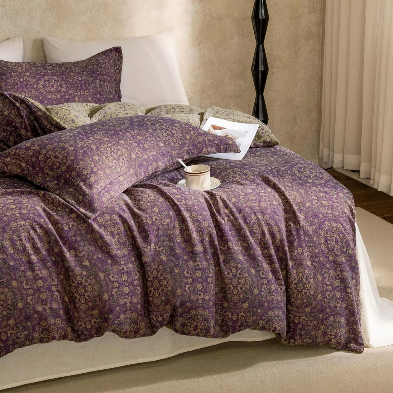 NEW West Elm Purple Muslin 100% Cotton Boho Queen King Bedding Duvet & Sham Case