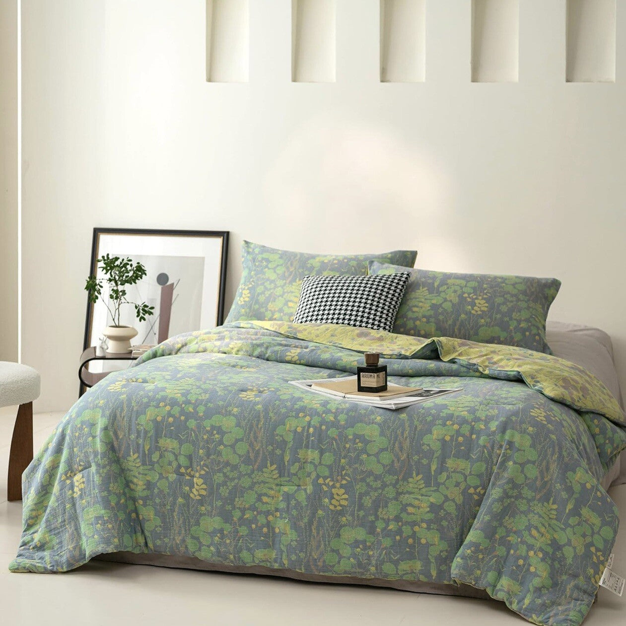 NEW Anthro Blue Green Floral Reversible King Size Bedspread Blanket Sham Set
