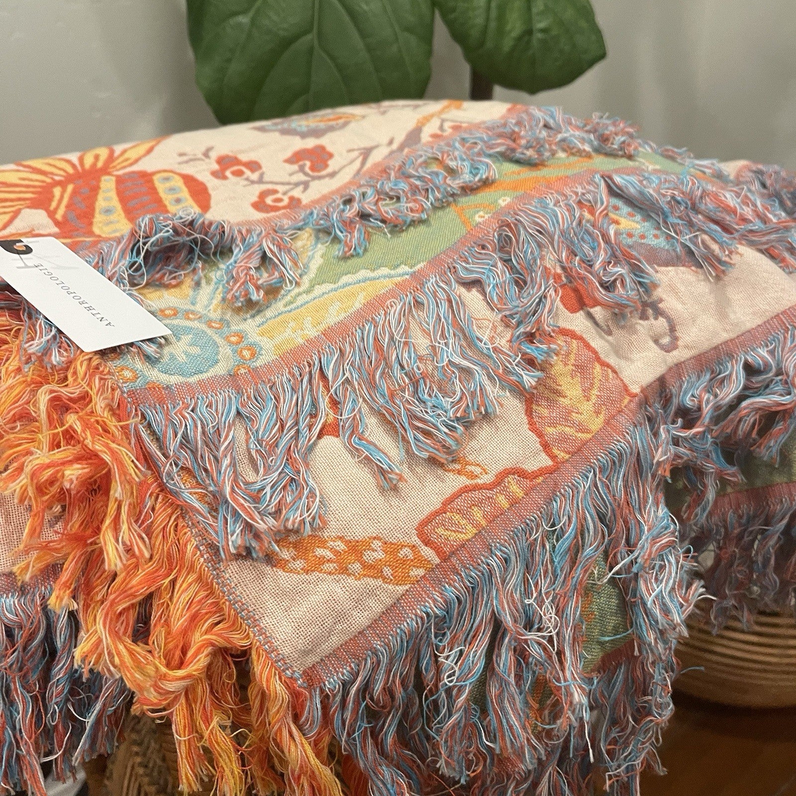 NEW XL Coral & Green Reversible Boho Fringe Blanket Bedspread Quilt - 80" x 90"