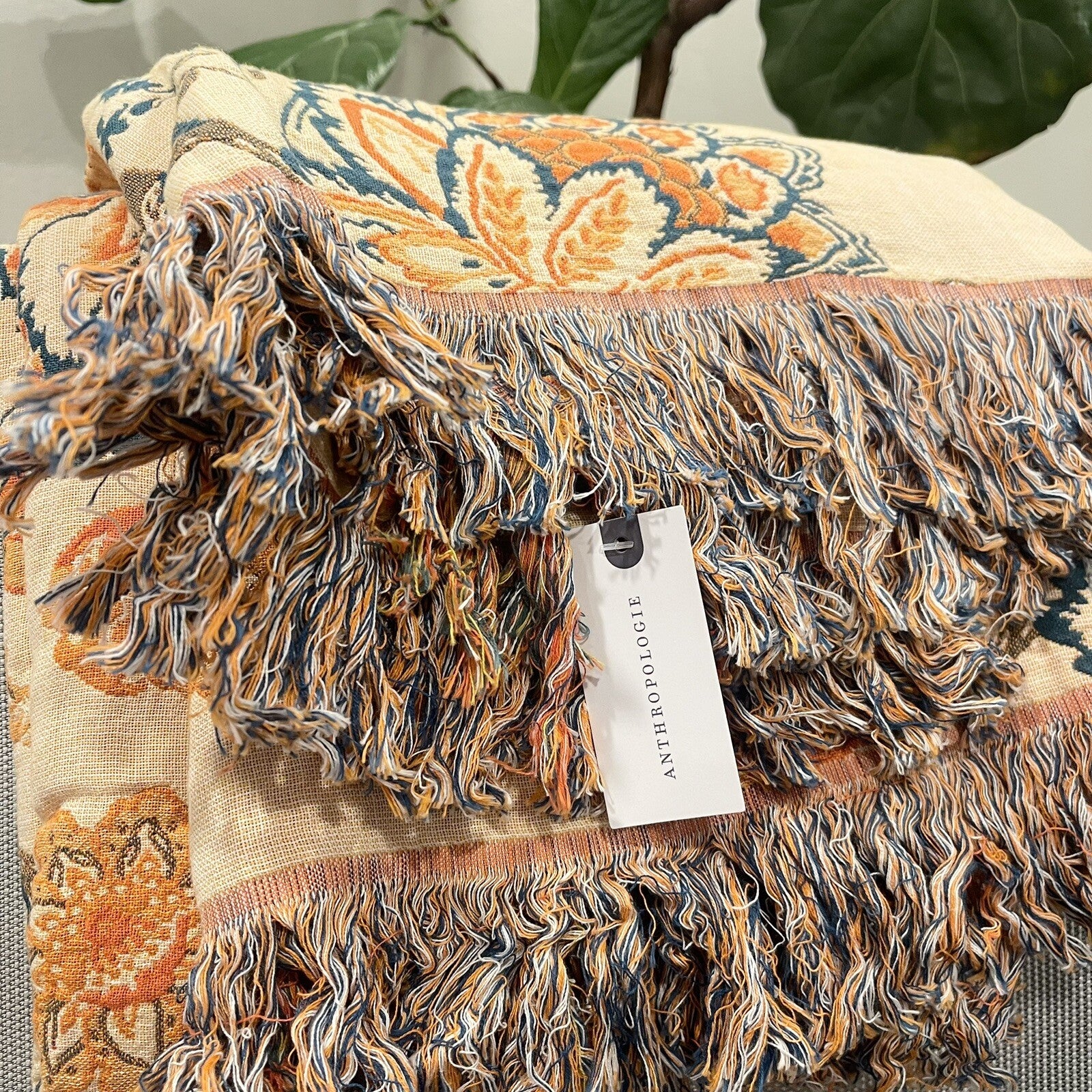 NEW Anthropologie Boho Floral Orange Teal Throw Blanket Bedspread Quilt 80 x 90