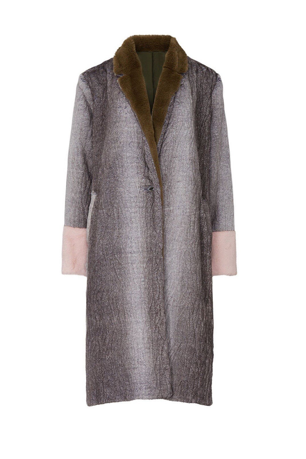 Anthropologie Hutch Grey Green Pink Long Faux Fur Trench Coat Jacket Size Large