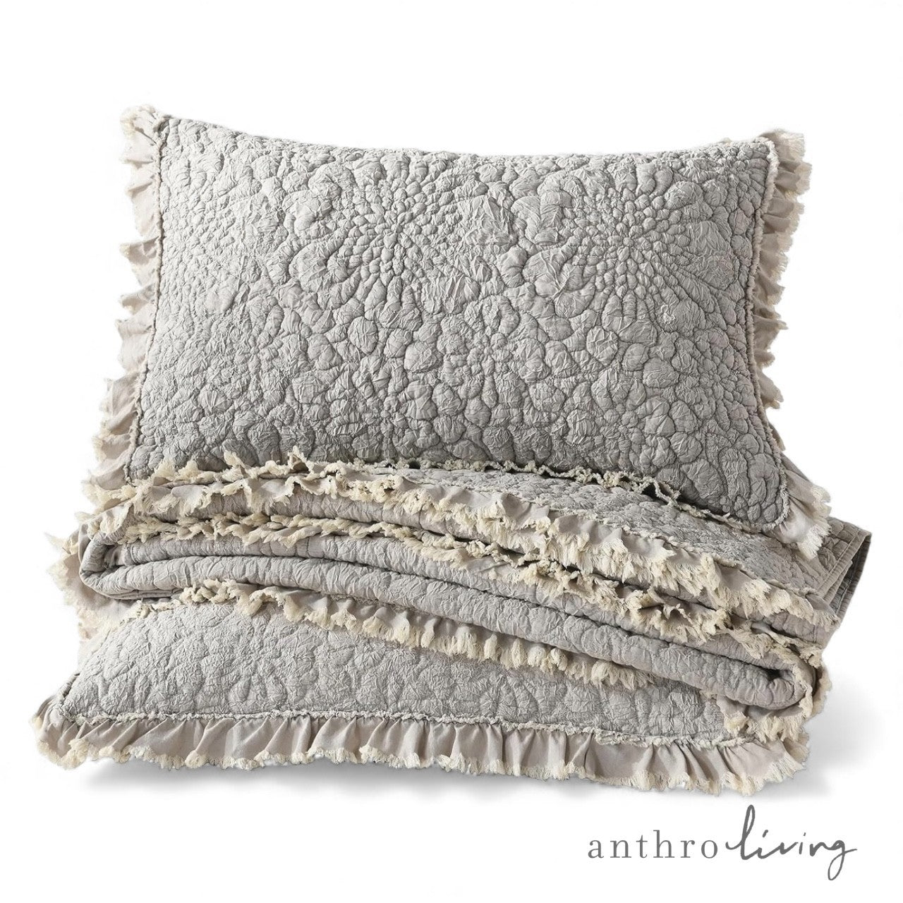 NEW Anthro Gray Beige Boho Ruffle Crinkle Queen / King Bedding Quilt & Sham Set