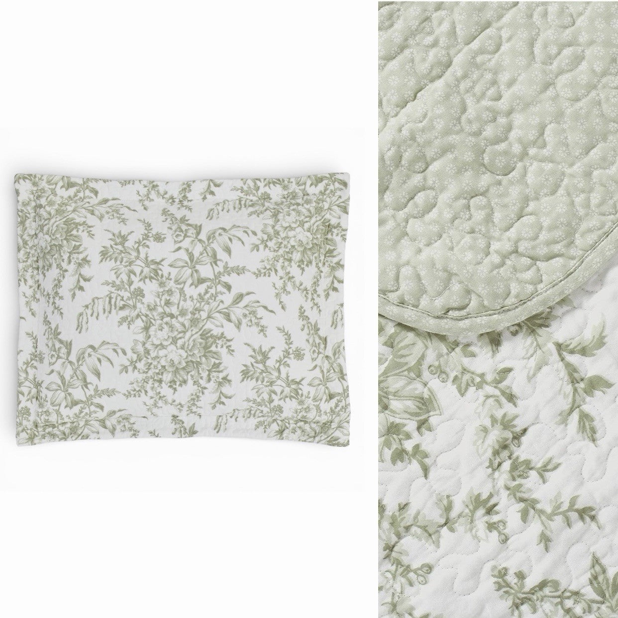 NEW West Elm Green White Floral Retro Cotton Queen King Bedding Quilt & Sham Set