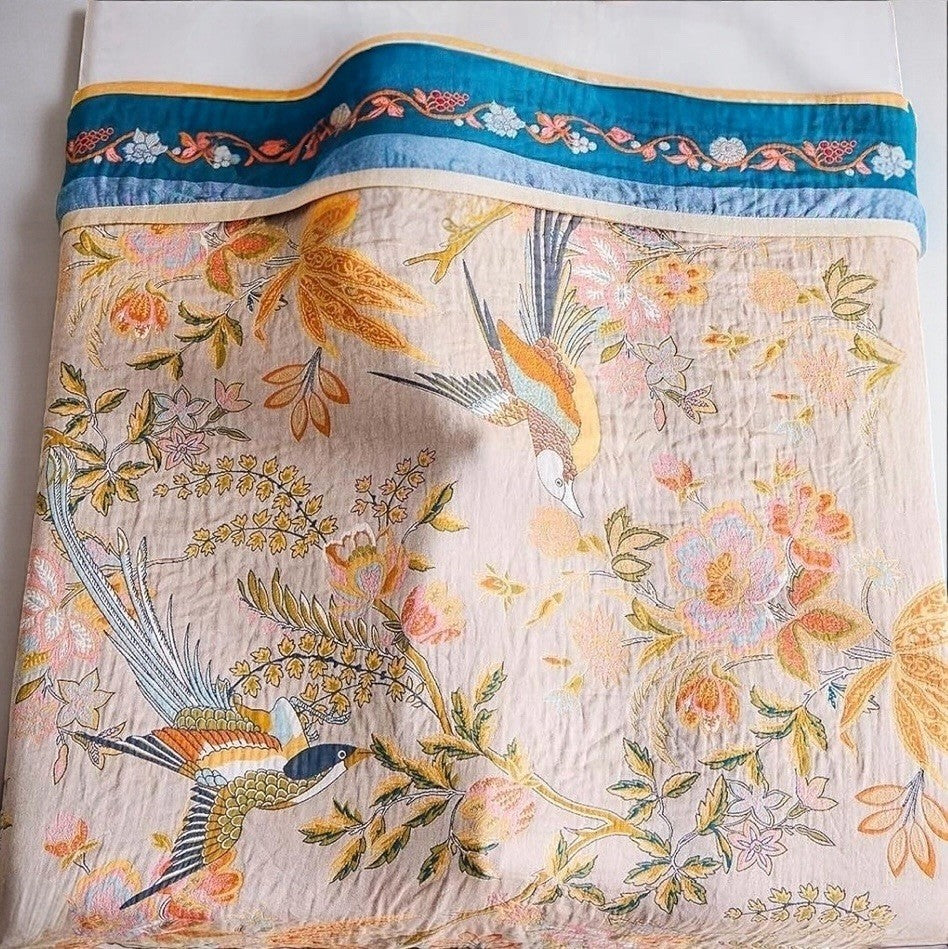 NEW Anthro XL Reversible Boho Bird Multicolor Queen / King Size Bedspread Quilt