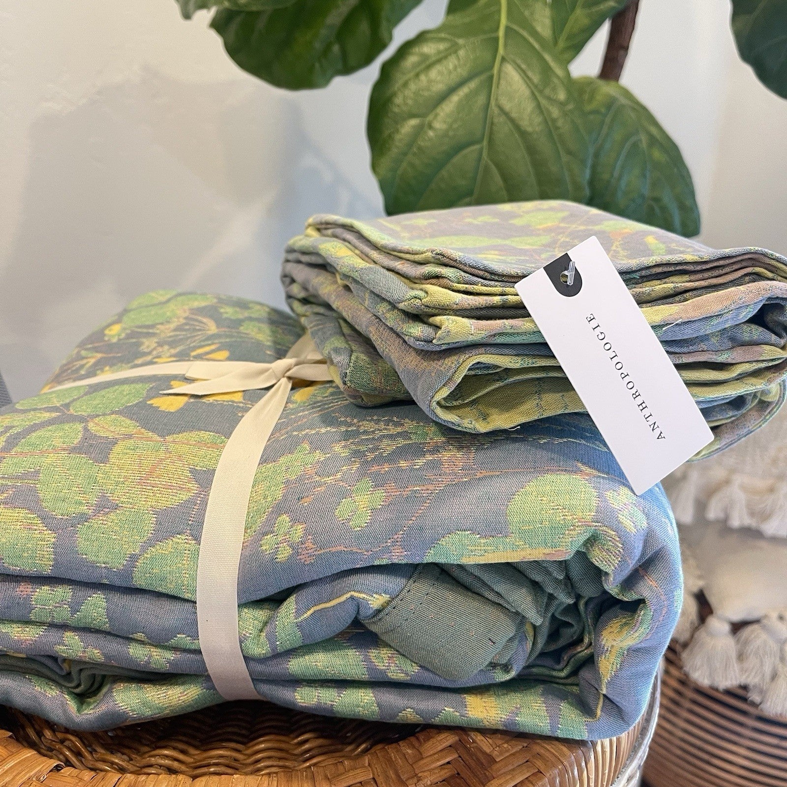NEW Anthro Blue Green Floral Reversible King Size Bedspread Blanket Sham Set
