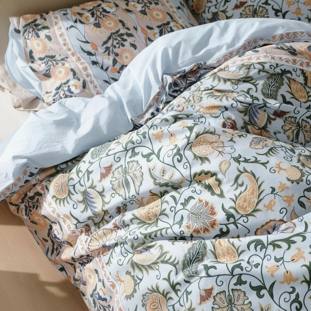 NEW Anthropologie Blue Floral Boho Cotton Queen / King Bedding Duvet & Sham Set