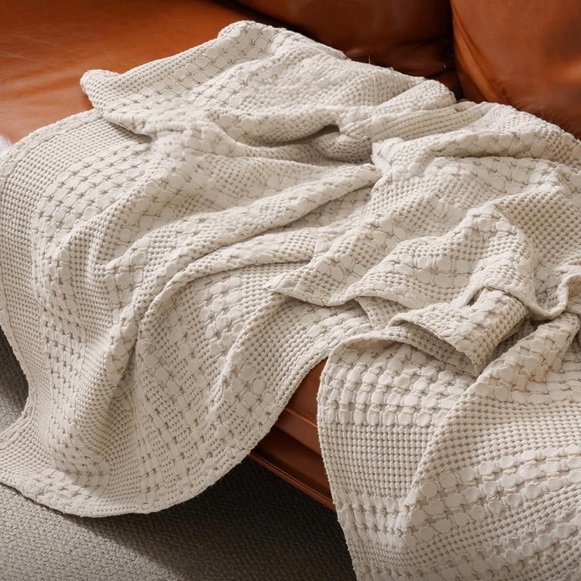 NEW West Elm Beige Woven Waffle Knit Cotton Boho Cozy Throw Blanket - 50" x 60"