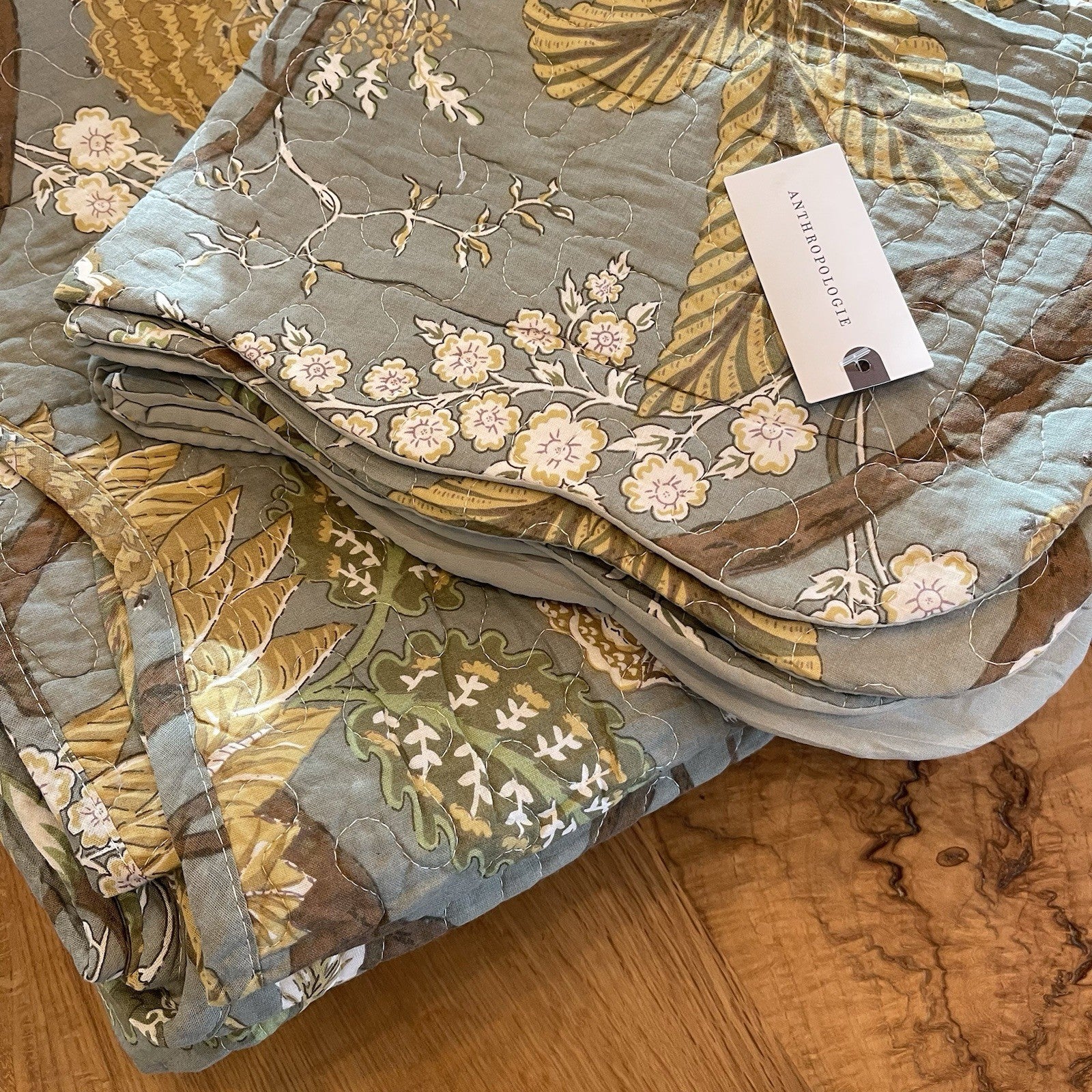 NEW Anthro Green Floral Reversible Queen / King Boho Bedding Quilt & Sham Case