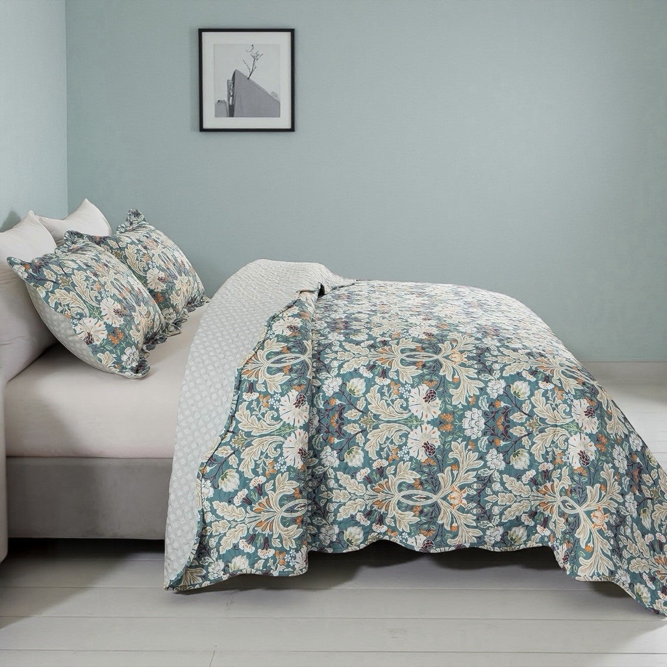NEW Anthro Teal Floral Reversible Paisley Queen / King Bedding Quilt & Sham Set