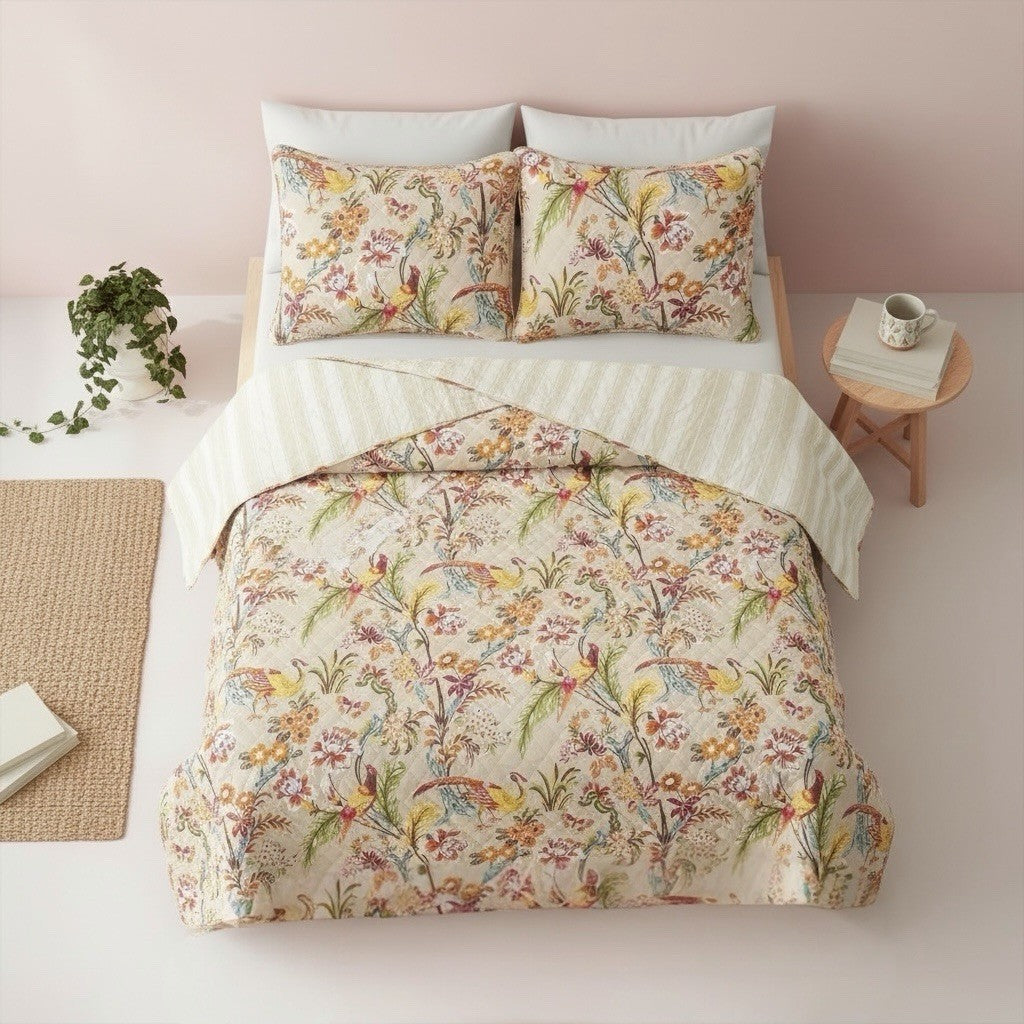 NEW Anthropologie Queen / King Cotton Boho Bird Quilt Bedspread Bedding Sham Set