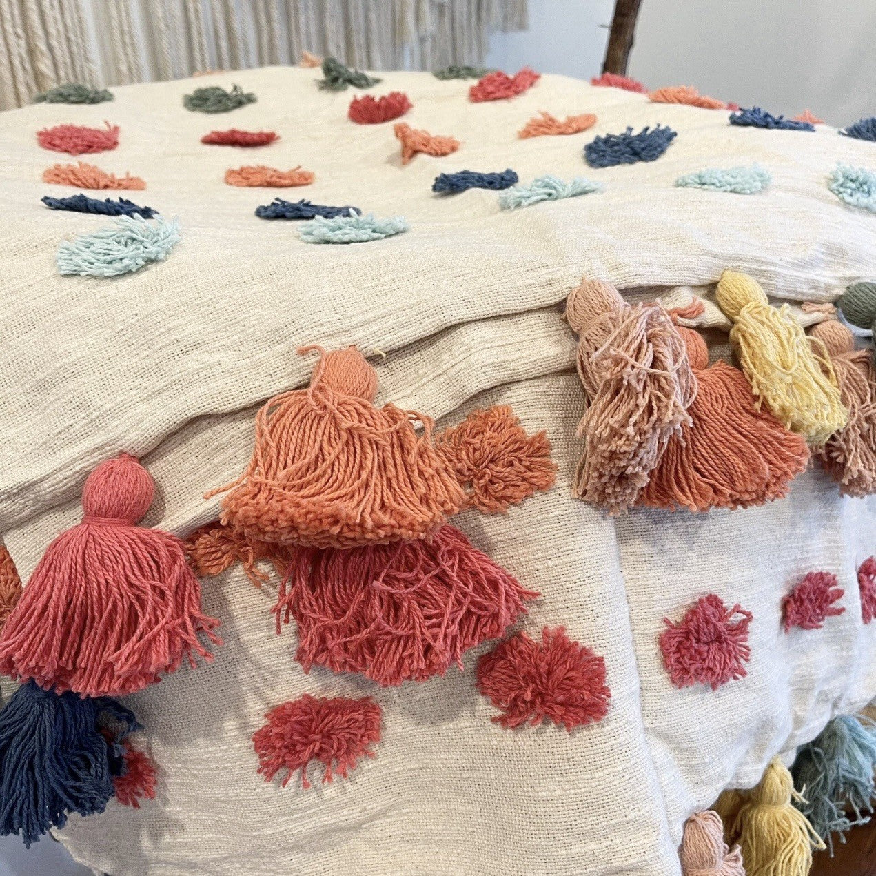 NEW Anthropologie Boho Tassel Pom Pom Colorful Throw Blanket Bedding - 50" x 60"