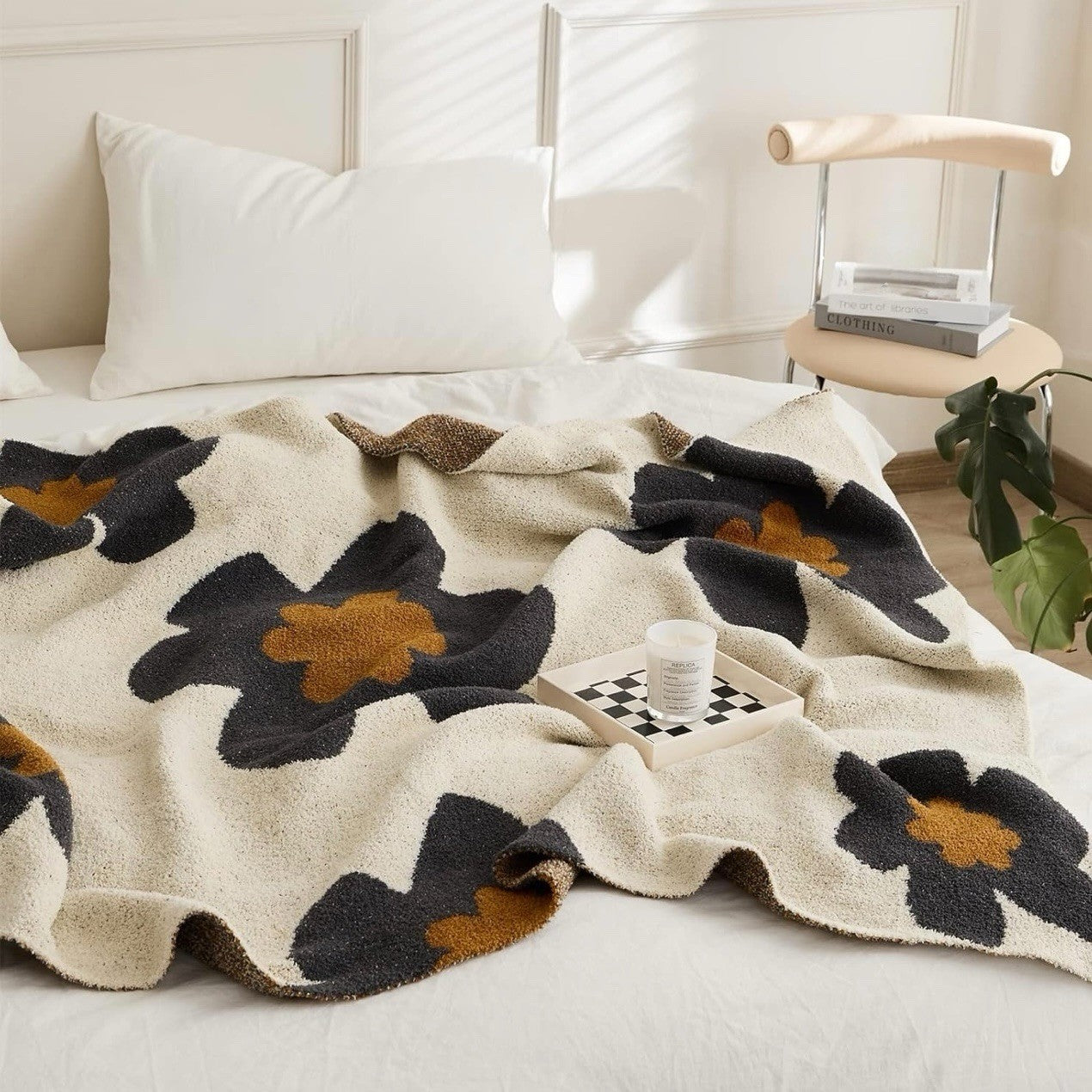 NEW Anthropologie Boho Large Flower Print Retro Throw Blanket Bedding 48" x 60"