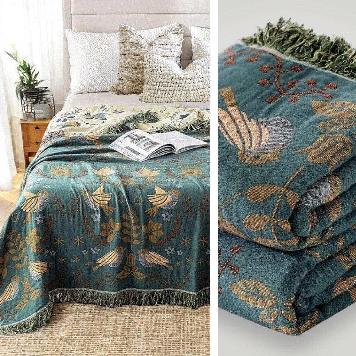 NEW XL Teal Reversible Boho Bird Tassel Throw Blanket Bedspread Quilt 80 x 60