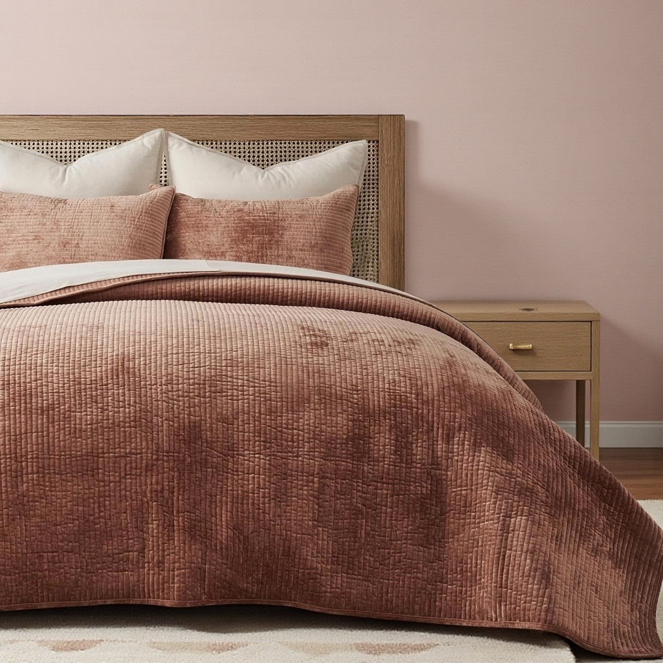 NEW West Elm Velvet Terracotta Clay Queen / King Bedding Comforter & Sham Set