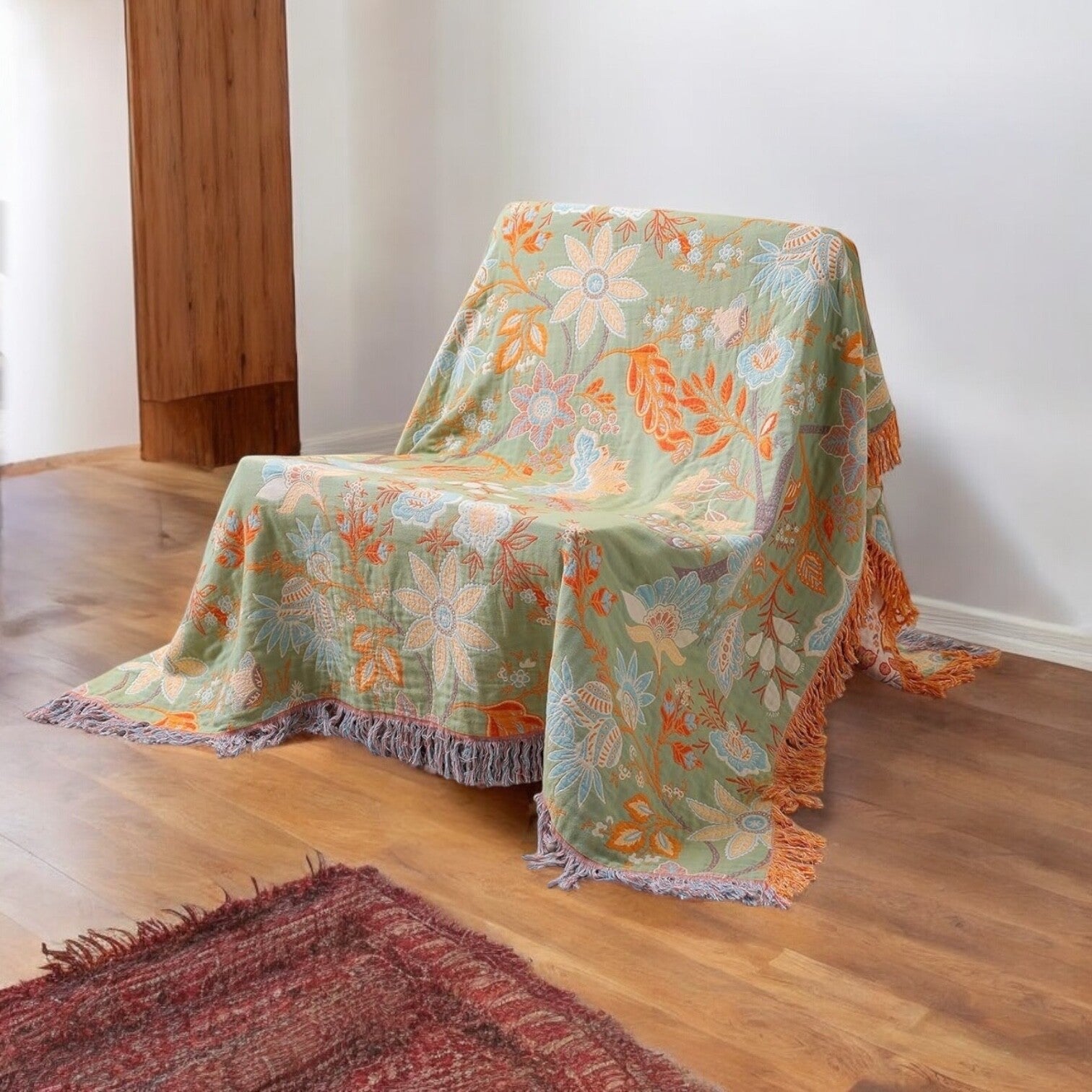 NEW Anthro XL Reversible Green Tassel Throw Blanket Bedspread Quilt - 80" x 90"