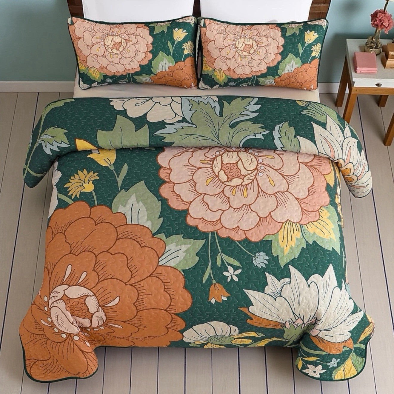 NEW Anthro Large Floral Print Multicolor Boho Queen King Bedding Quilt Sham Set