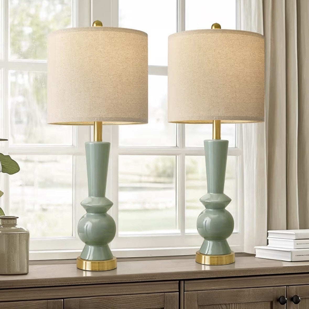NEW Anthropologie Set of 2 Sage Green Gold Ceramic Boho Table Lamps Lighting 27"