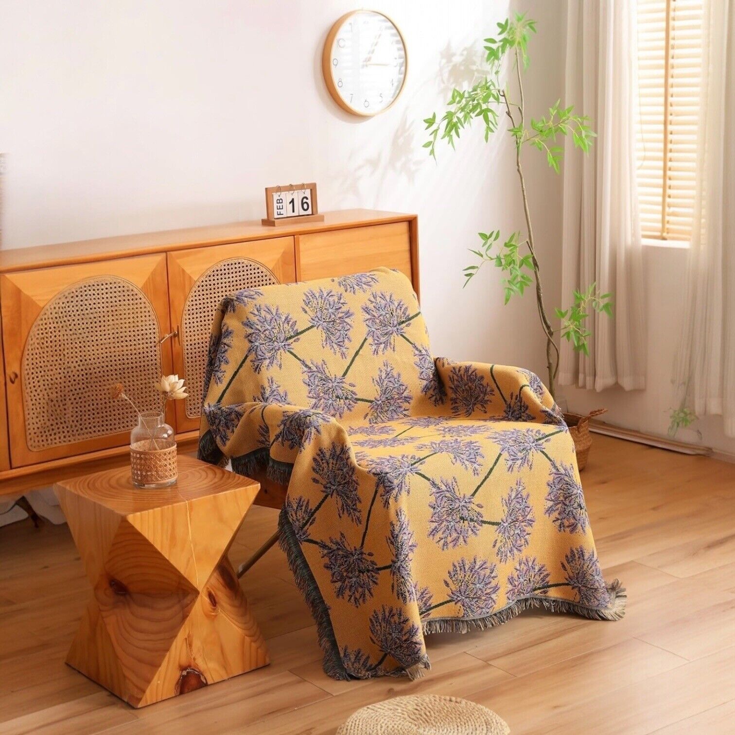 NEW Anthropologie Boho Yellow Floral Tassel Throw Blanket Bedspread - 50" x 70"