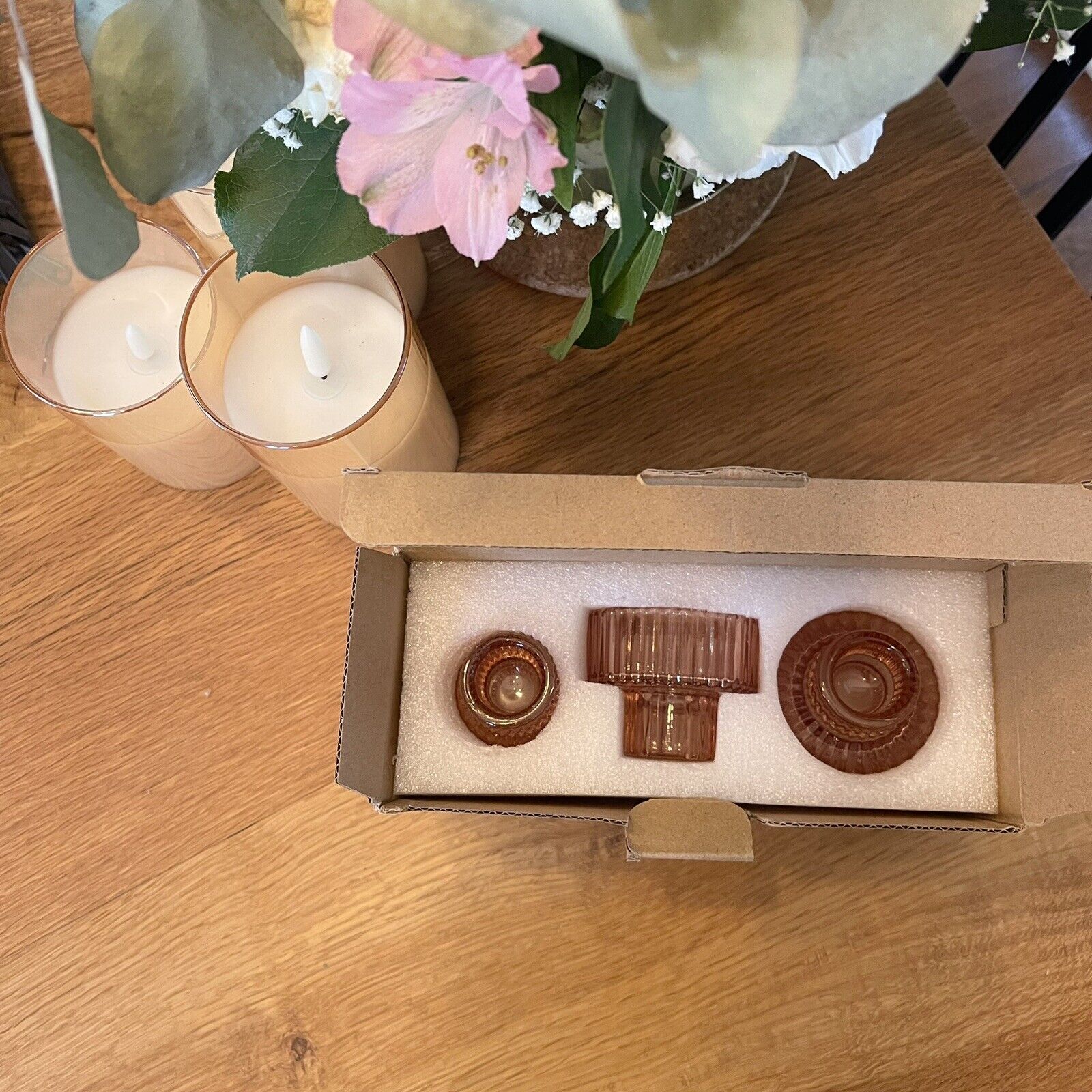 NEW Anthropologie (Set of 3) Boho Pink Glass Tapered Pillar Candlestick Holders