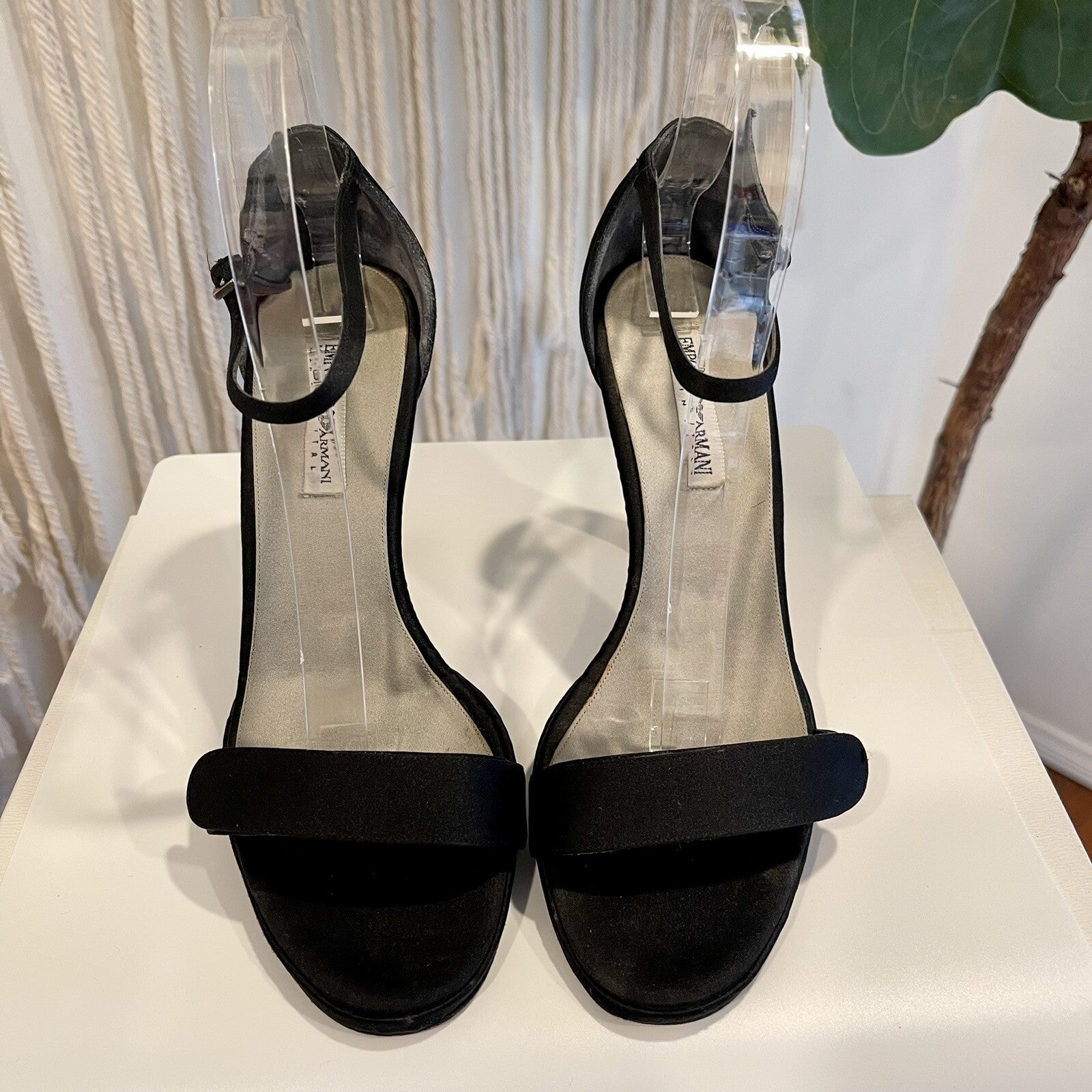 Emporio Armani Black Satin Strappy Stiletto Shoes High Heels | Size 39 / 8.5