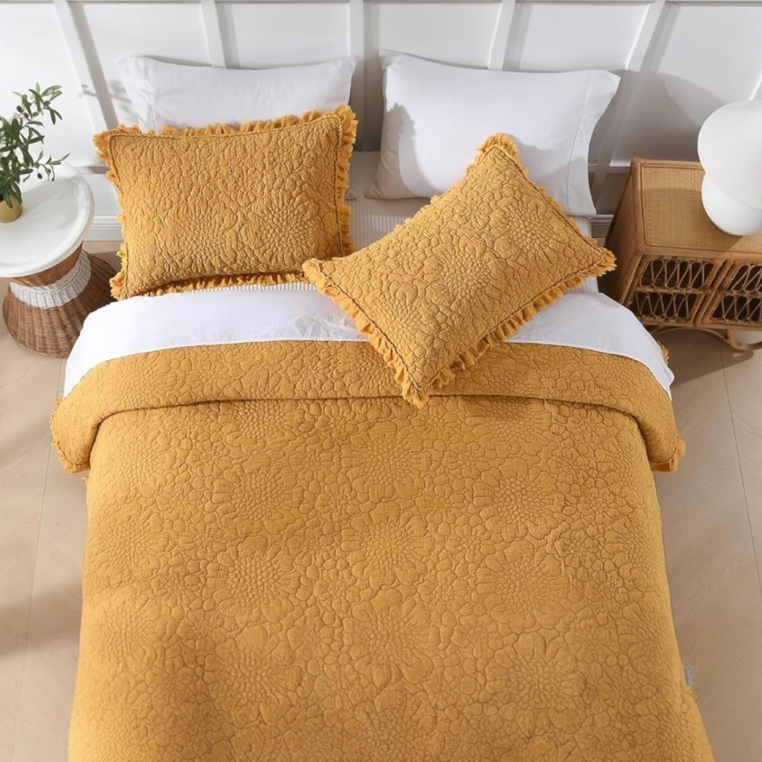 NEW Anthro Orange Yellow Ruffle Crinkled Queen / King Bedding Quilt & Sham Case