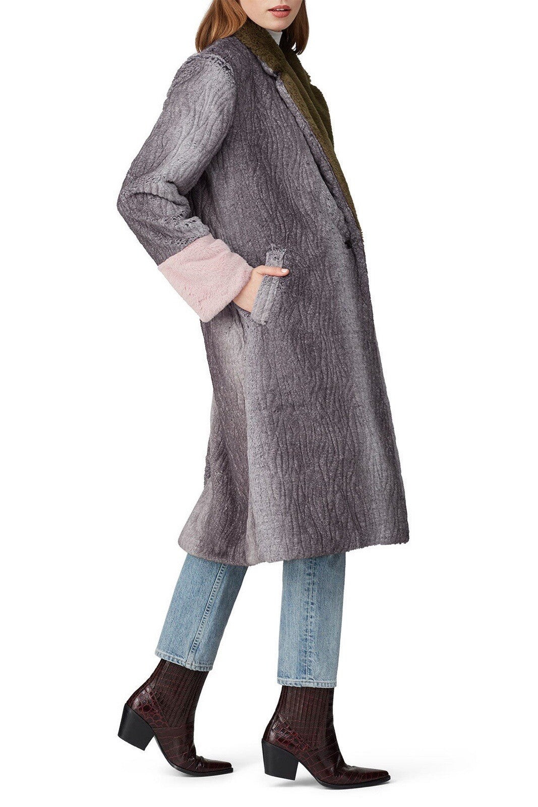 Anthropologie Hutch Grey Green Pink Long Faux Fur Trench Coat Jacket Size Large