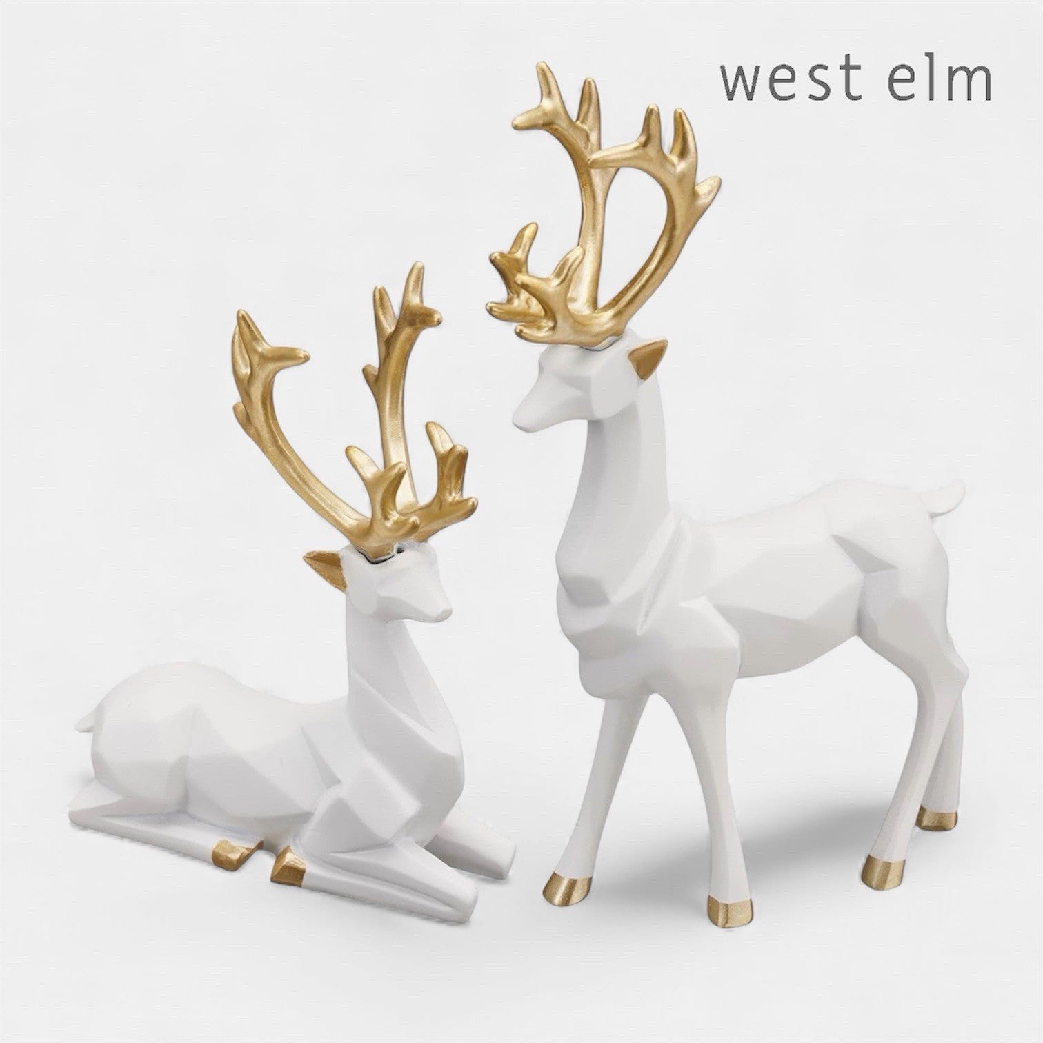 NEW West Elm Boho Geometric Gold Resin Holiday Christmas Reindeer Figures Set 2