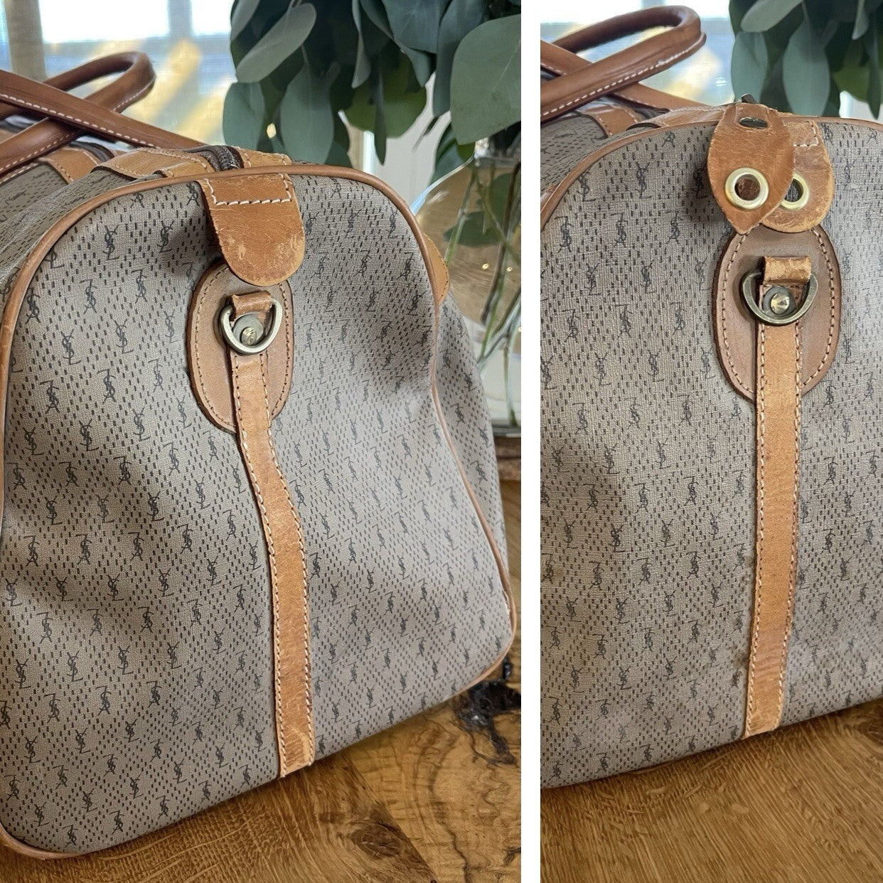 Yves Saint Laurent Large Leather YSL Logo Tan Duffel Travel Bag Tote - 23" x 12"
