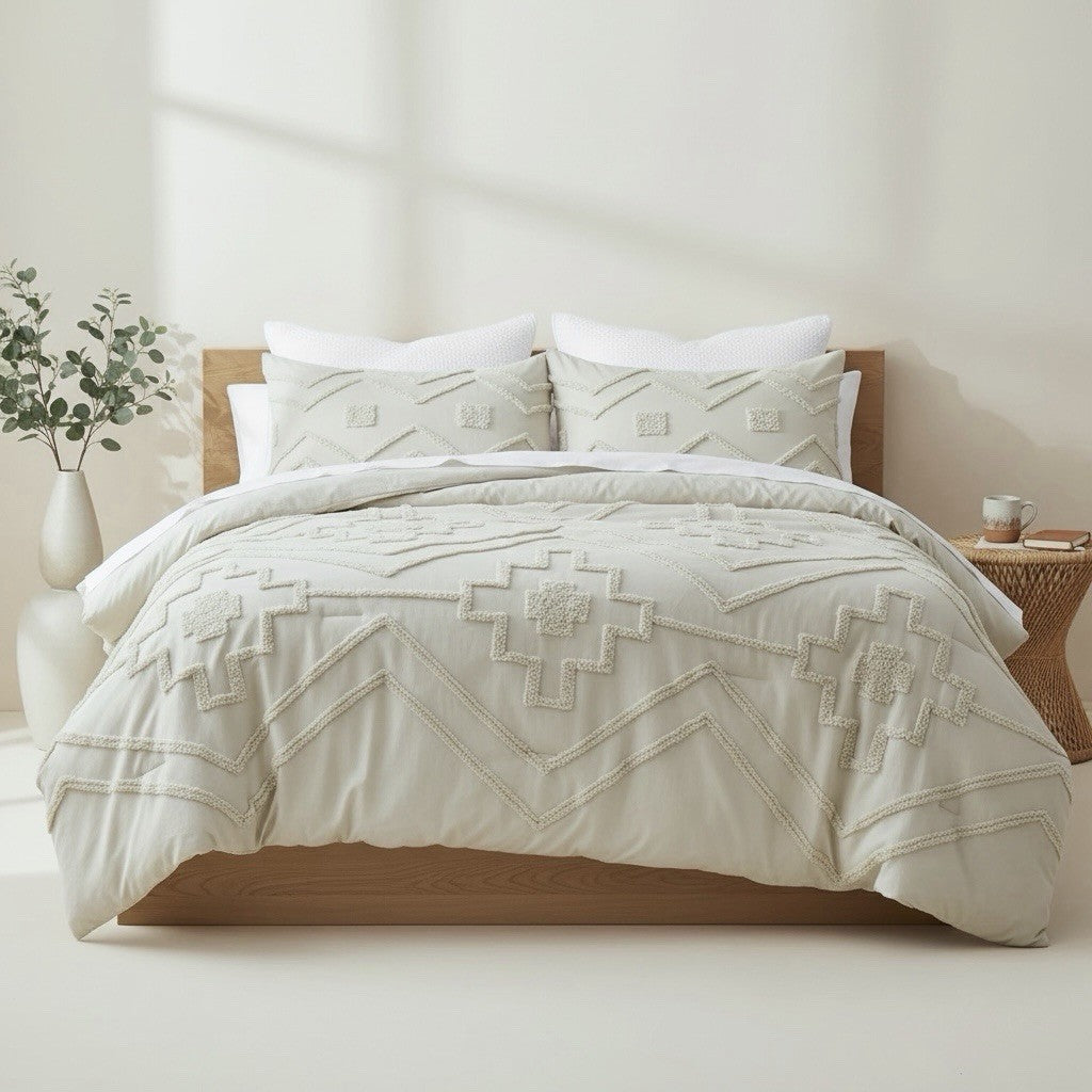 NEW Anthropologie Cream Boho Queen Tassel Comforter Blanket Bedding & Sham Set