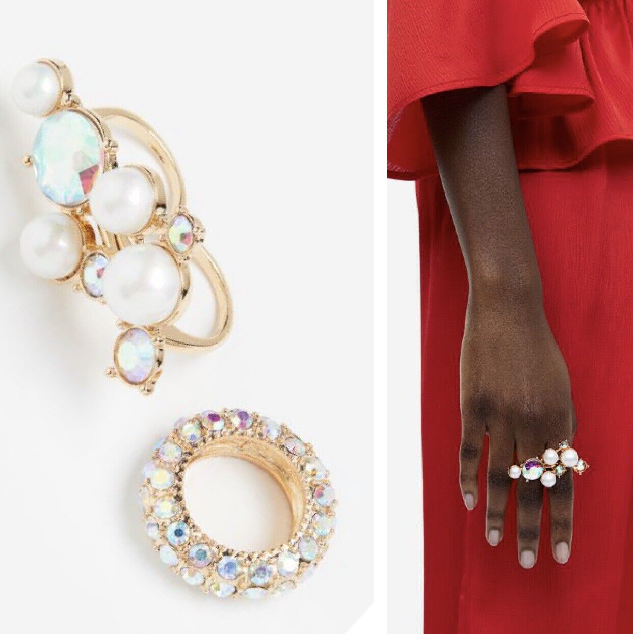 NEW Anthropologie Gold Boho Gold Pearl Rhinestone Costume Jewelry Ring Set Small