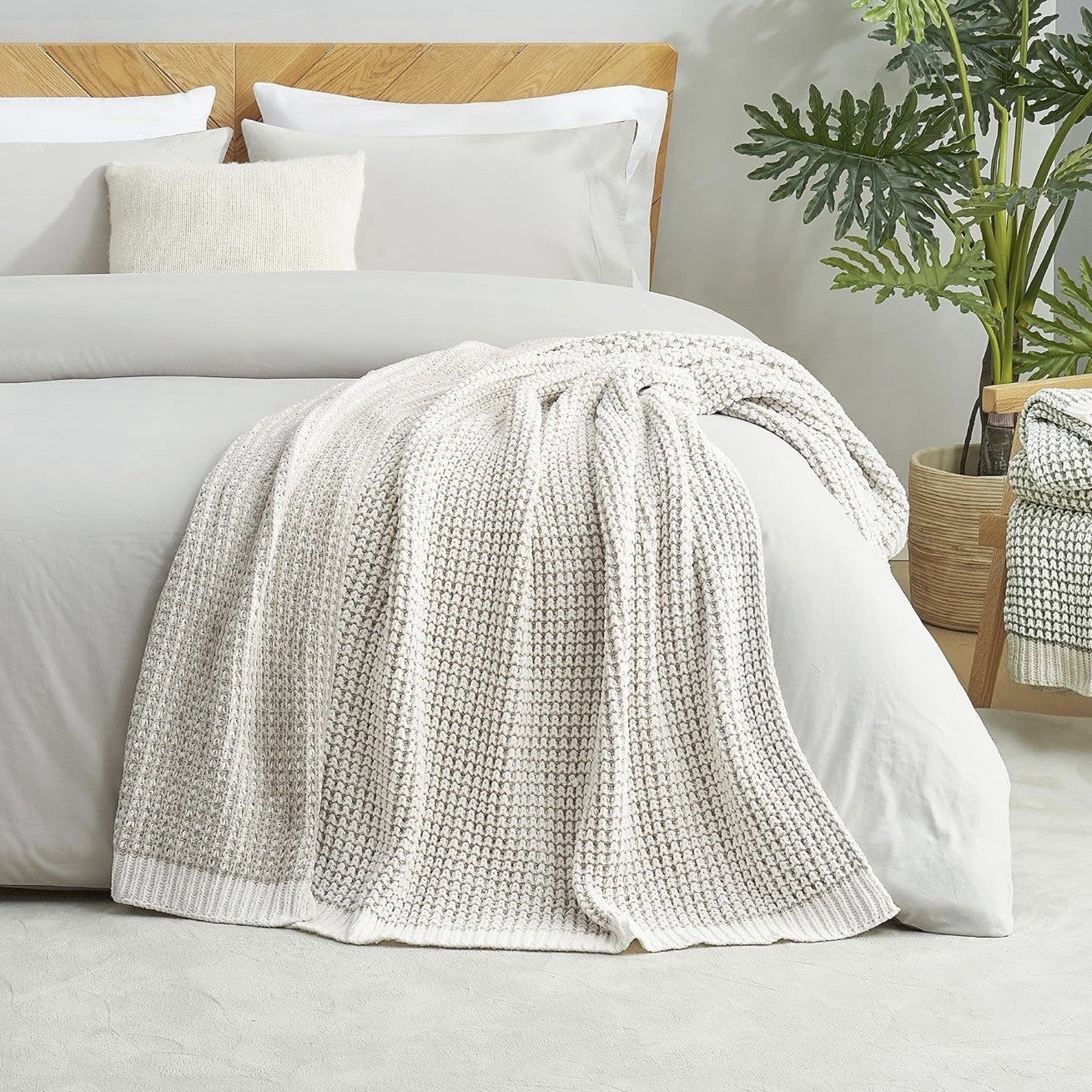 NEW West Elm Beige Woven Waffle Knit Cotton Boho Cozy Throw Blanket - 60" x 80"