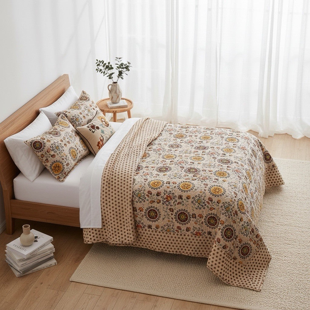 NEW Anthropologie Multicolor Retro Boho Queen Quilt Bedspread Bedding Sham Set
