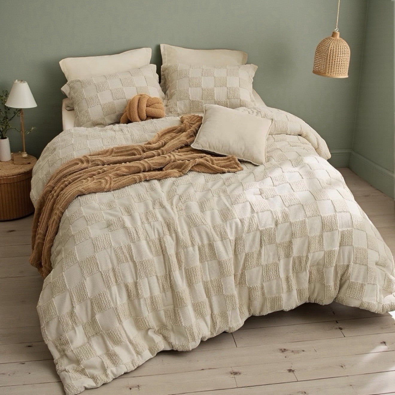 NEW West Elm Beige Checkered Tufted Queen / King Bedding Comforter & Sham Set